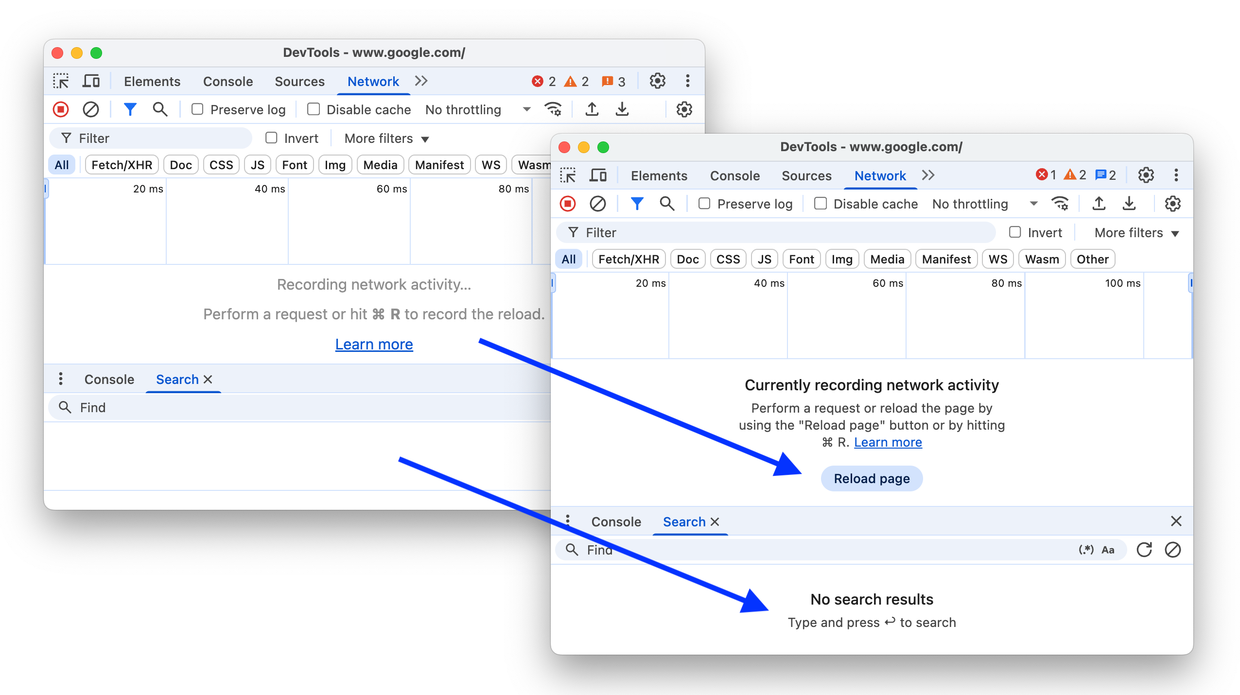 The before and after improving empty states in Network and Search panels.